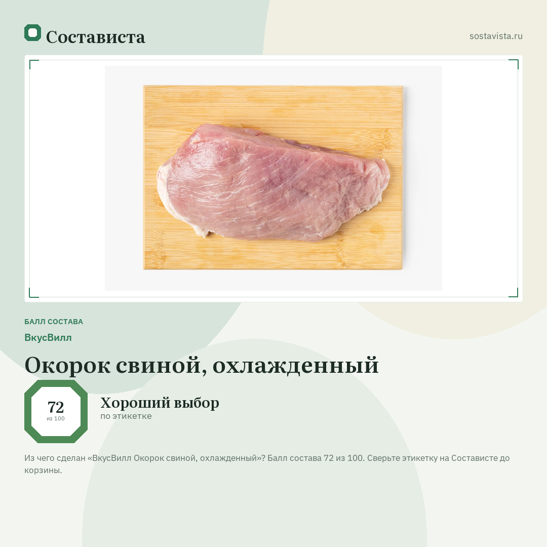ВкусВилл Окорок свиной, охлажденный: балл состава 72 из 100 — Состависта