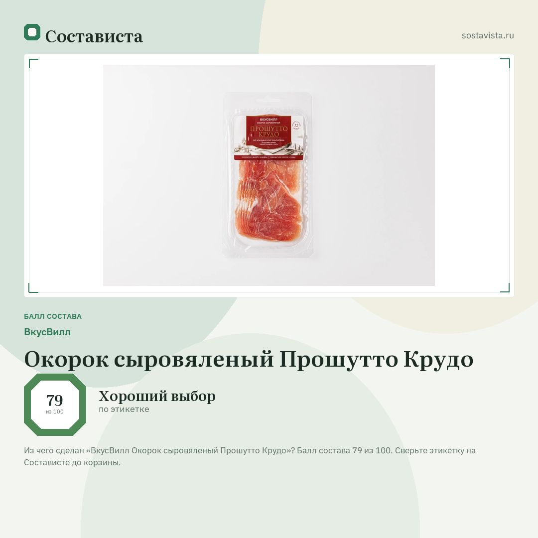 ВкусВилл Окорок сыровяленый Прошутто Крудо: балл состава 79 из 100 — Состависта