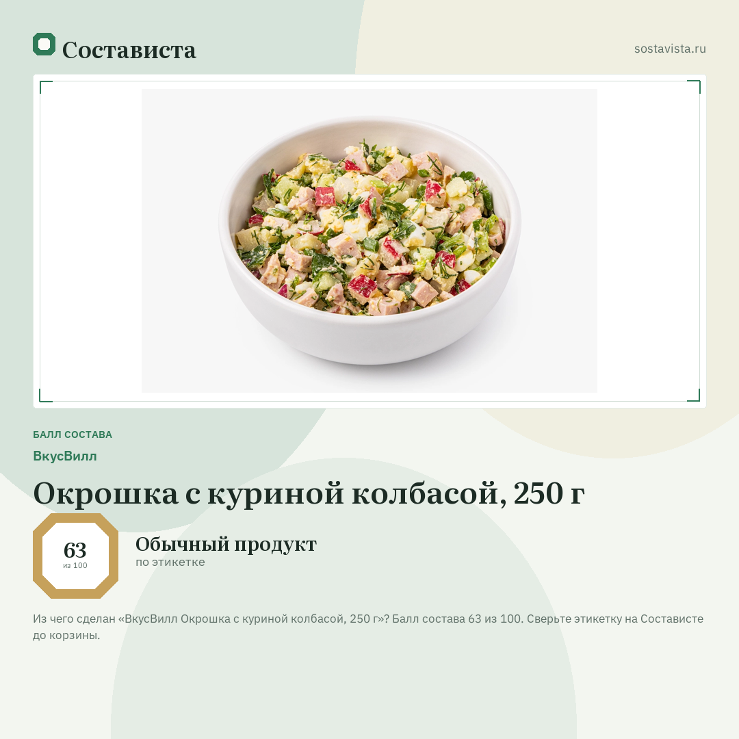 ВкусВилл Окрошка с куриной колбасой, 250 г: балл состава 63 из 100 — Состависта