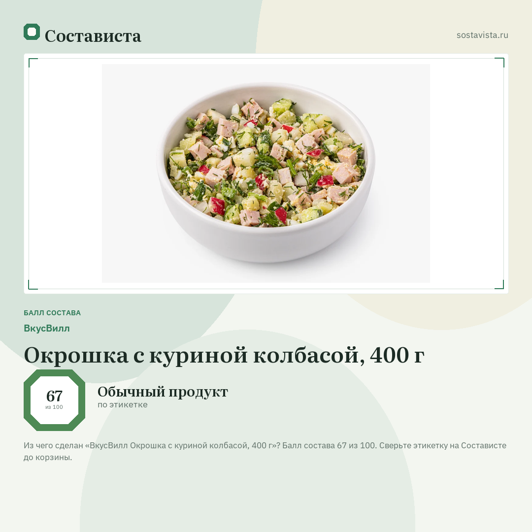 ВкусВилл Окрошка с куриной колбасой, 400 г: балл состава 67 из 100 — Состависта