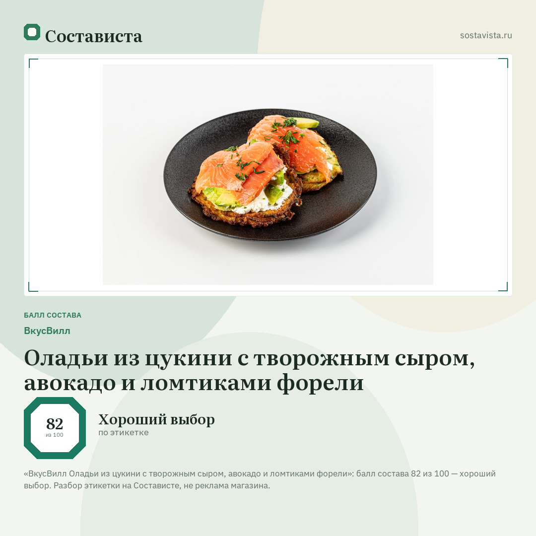 ВкусВилл Оладьи из цукини с творожным сыром, авокадо и ломтиками форели: балл состава 82 из 100 — Состависта