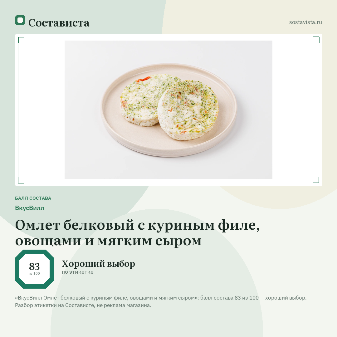 ВкусВилл Омлет белковый с куриным филе, овощами и мягким сыром: балл состава 83 из 100 — Состависта
