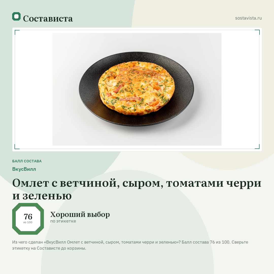ВкусВилл Омлет с ветчиной, сыром, томатами черри и зеленью: балл состава 76 из 100 — Состависта