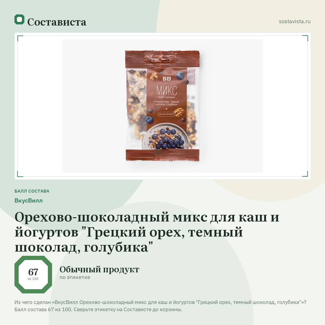 ВкусВилл Орехово-шоколадный микс для каш и йогуртов "Грецкий орех, темный шоколад, голубика": балл состава 67 из 100 — Состависта