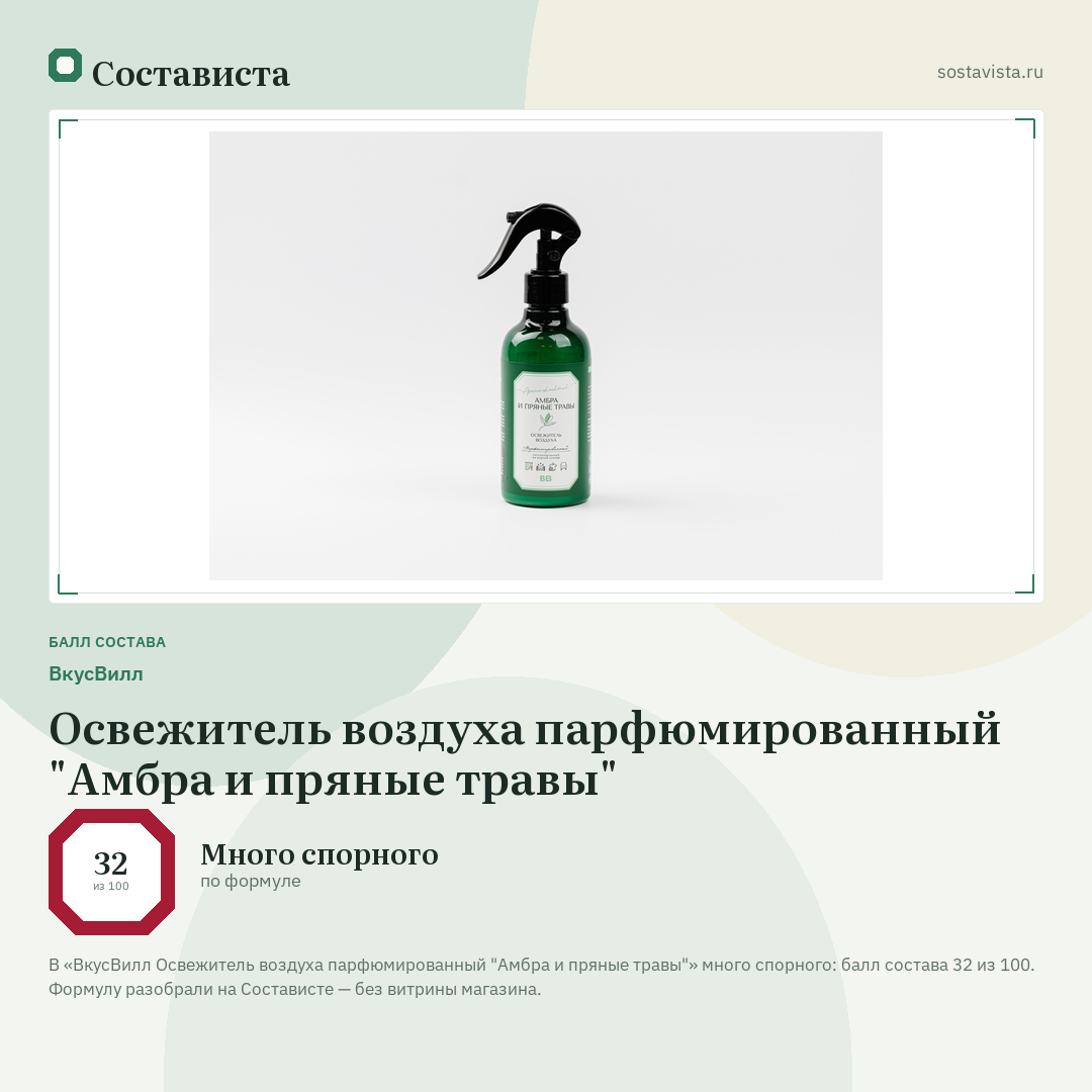 ВкусВилл Освежитель воздуха парфюмированный "Амбра и пряные травы": балл состава 32 из 100 — Состависта