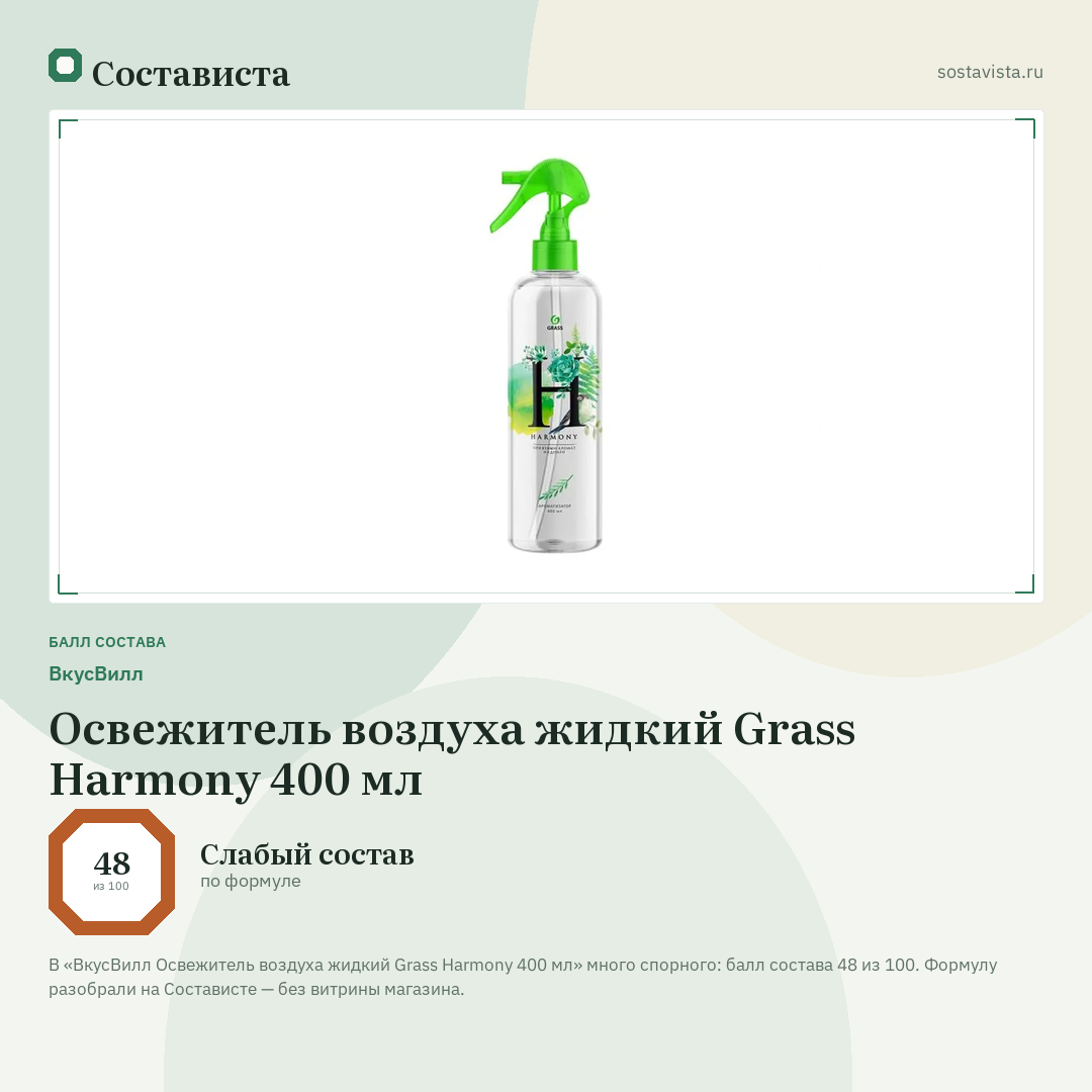 ВкусВилл Освежитель воздуха жидкий Grass Harmony 400 мл: балл состава 48 из 100 — Состависта