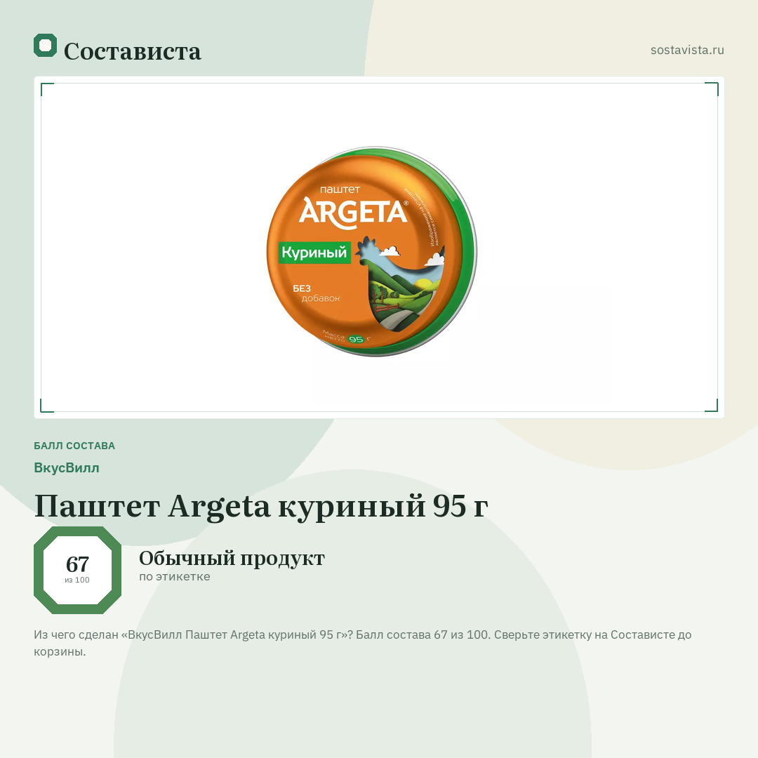 ВкусВилл Паштет Argeta куриный 95 г: балл состава 67 из 100 — Состависта