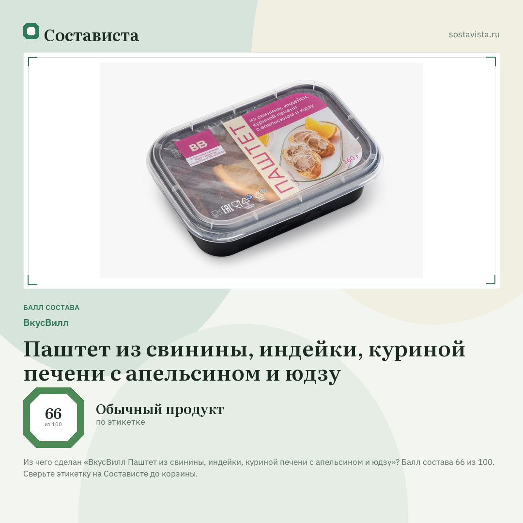 ВкусВилл Паштет из свинины, индейки, куриной печени с апельсином и юдзу: балл состава 66 из 100 — Состависта