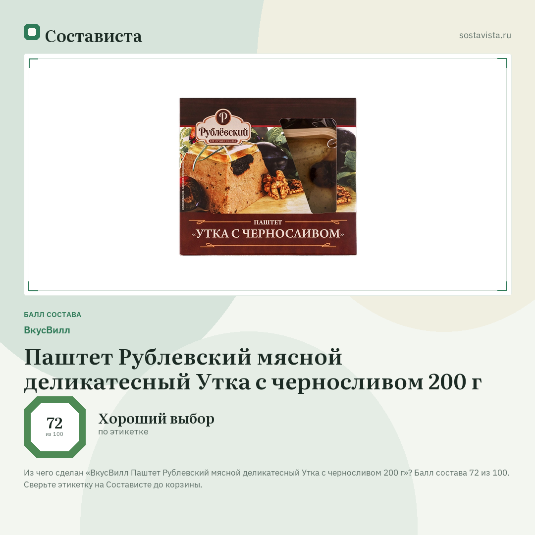 ВкусВилл Паштет Рублевский мясной деликатесный Утка с черносливом 200 г: балл состава 72 из 100 — Состависта