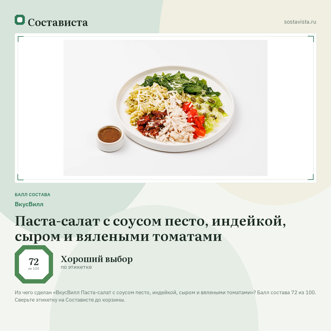 ВкусВилл Паста-салат с соусом песто, индейкой, сыром и вялеными томатами: балл состава 72 из 100 — Состависта