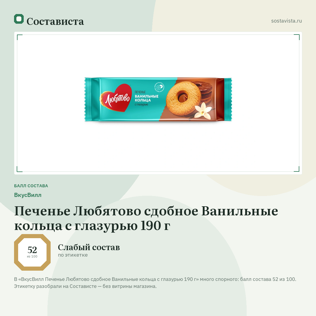 ВкусВилл Печенье Любятово сдобное Ванильные кольца с глазурью 190 г: балл состава 52 из 100 — Состависта