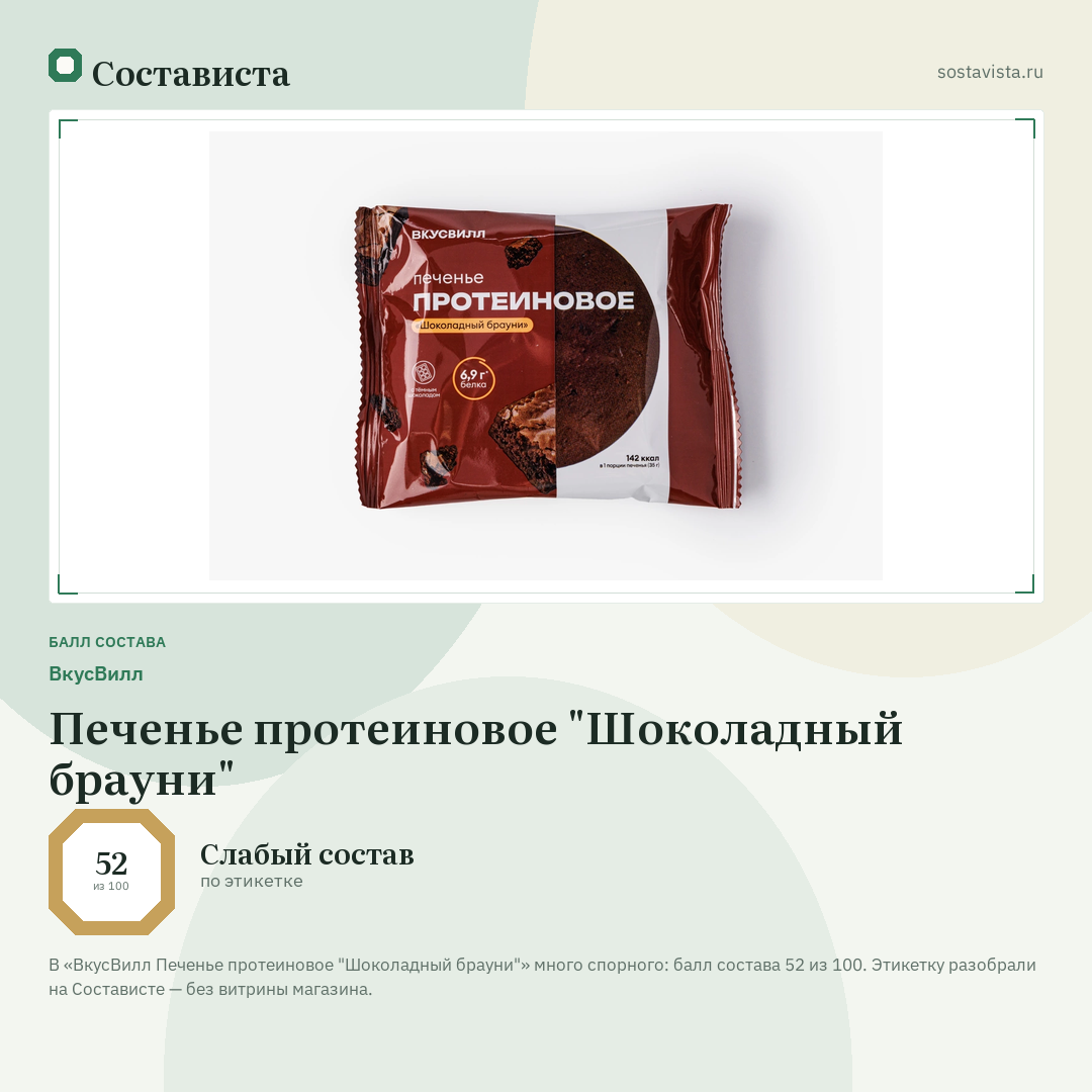 ВкусВилл Печенье протеиновое "Шоколадный брауни": балл состава 52 из 100 — Состависта