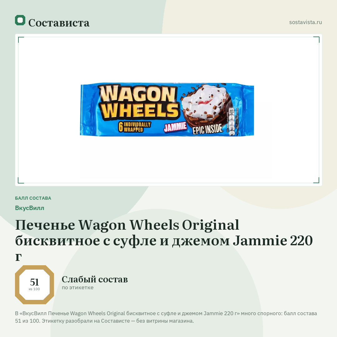 ВкусВилл Печенье Wagon Wheels Original бисквитное с суфле и джемом Jammie 220 г: балл состава 51 из 100 — Состависта