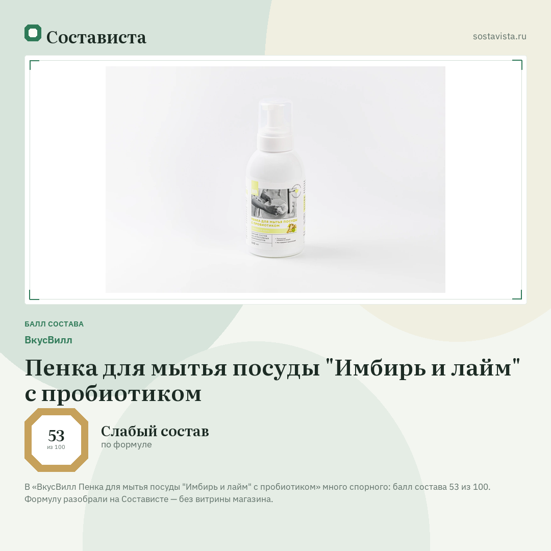 ВкусВилл Пенка для мытья посуды "Имбирь и лайм" с пробиотиком: балл состава 53 из 100 — Состависта