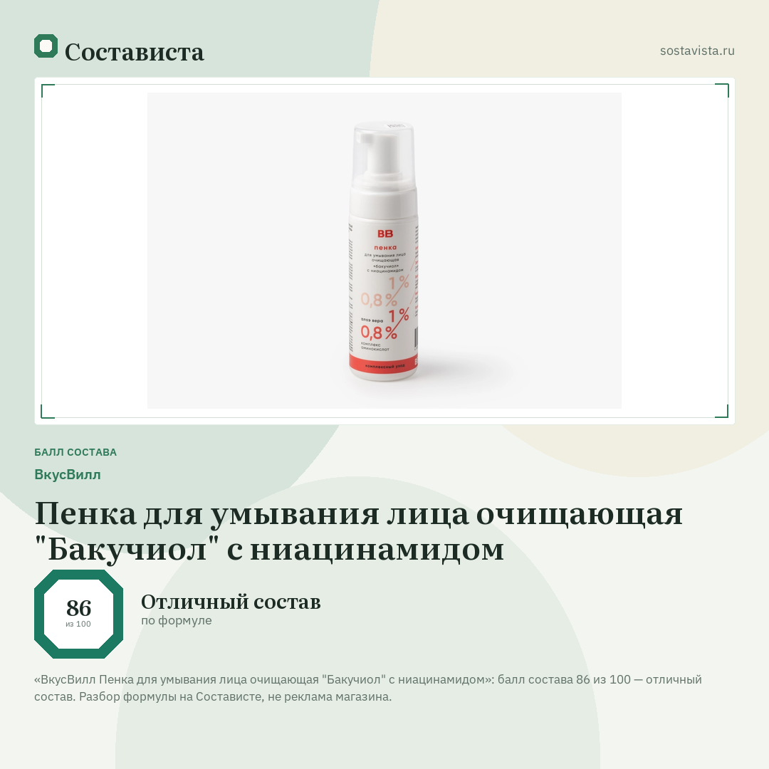 ВкусВилл Пенка для умывания лица очищающая "Бакучиол" с ниацинамидом: балл состава 86 из 100 — Состависта