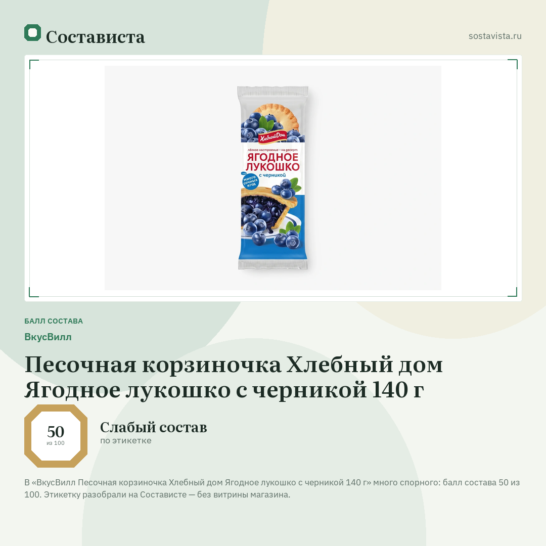 ВкусВилл Песочная корзиночка Хлебный дом Ягодное лукошко с черникой 140 г: балл состава 50 из 100 — Состависта