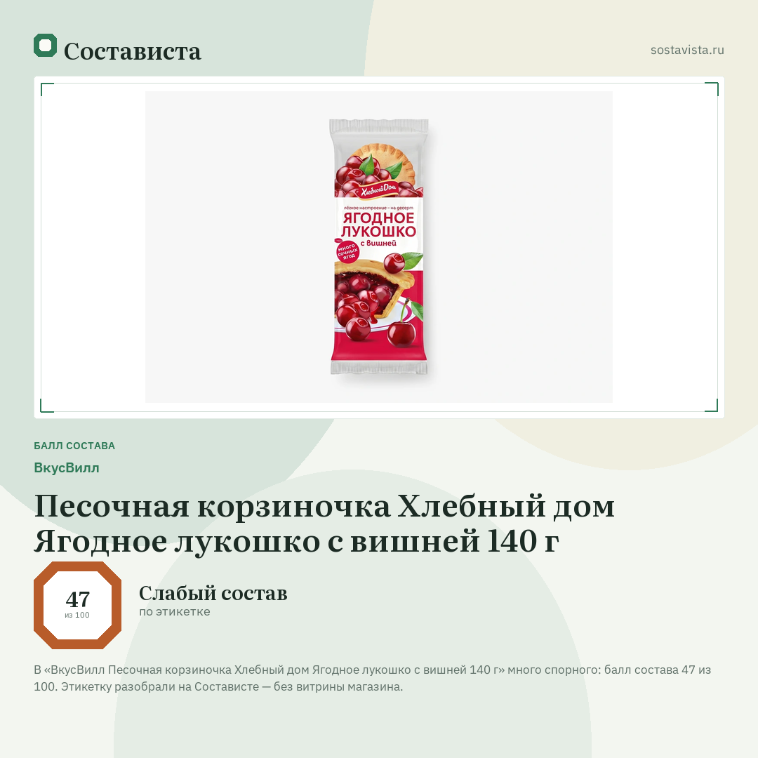 ВкусВилл Песочная корзиночка Хлебный дом Ягодное лукошко с вишней 140 г: балл состава 47 из 100 — Состависта