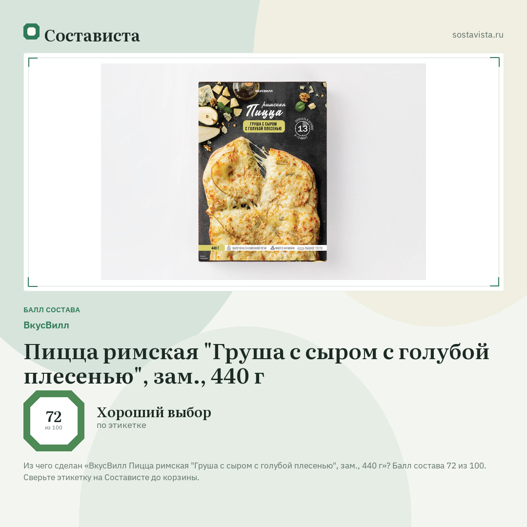 ВкусВилл Пицца римская "Груша с сыром с голубой плесенью", зам., 440 г: балл состава 72 из 100 — Состависта