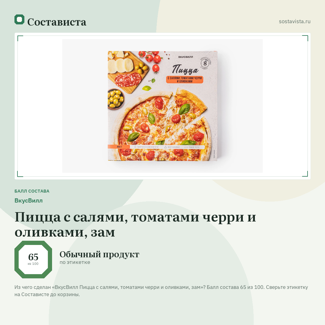 ВкусВилл Пицца с салями, томатами черри и оливками, зам: балл состава 65 из 100 — Состависта