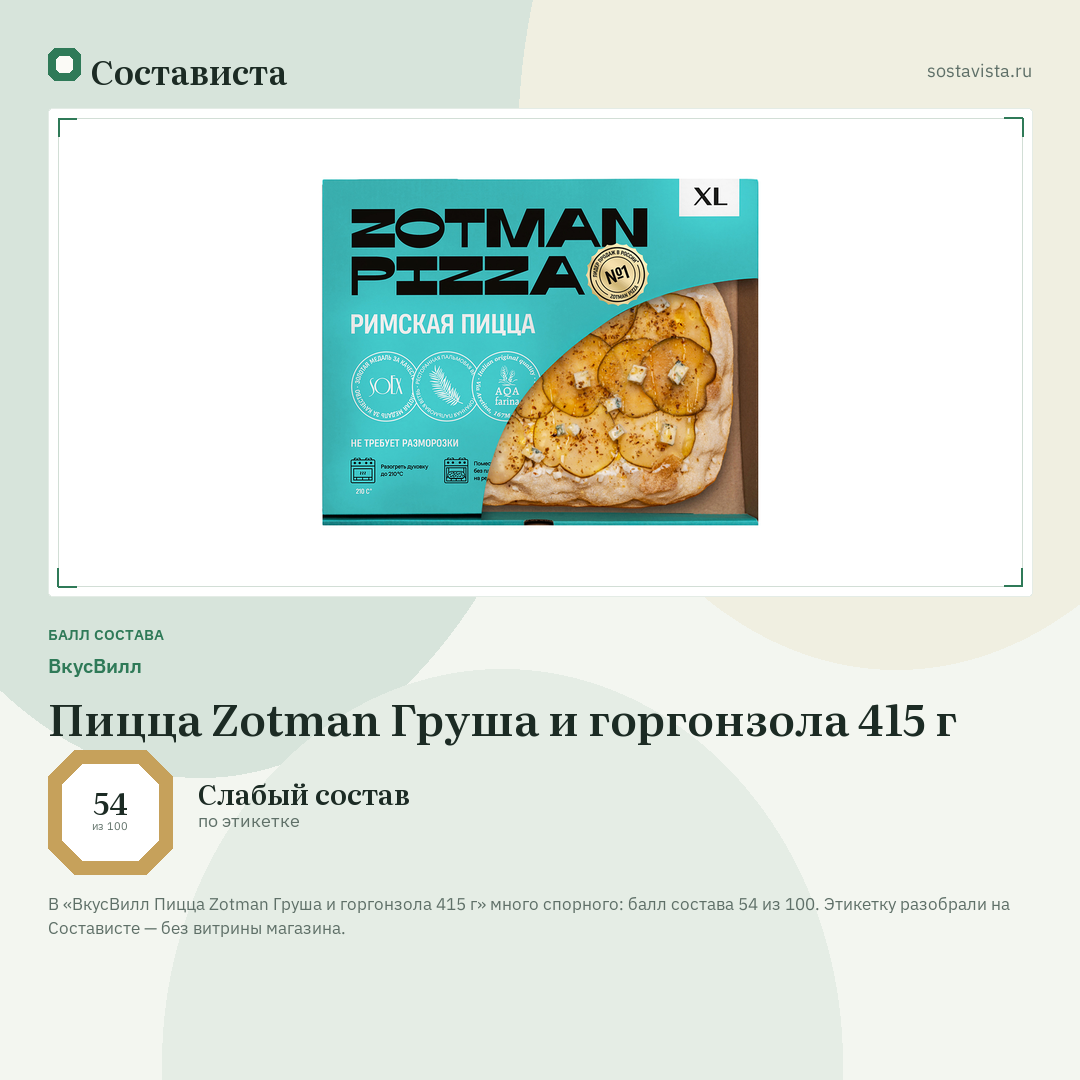ВкусВилл Пицца Zotman Груша и горгонзола 415 г: балл состава 54 из 100 — Состависта