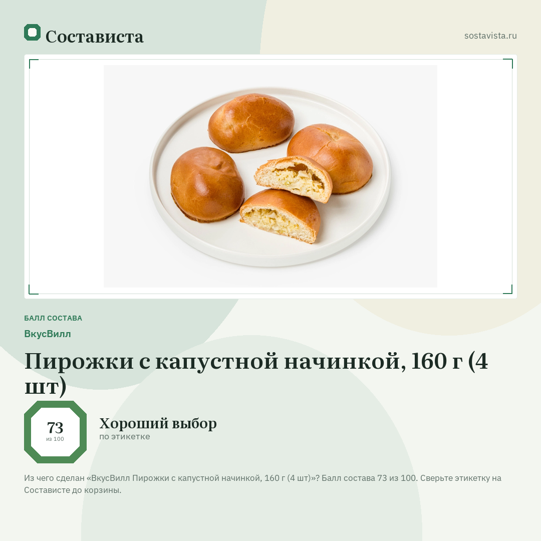 ВкусВилл Пирожки с капустной начинкой, 160 г (4 шт): балл состава 73 из 100 — Состависта