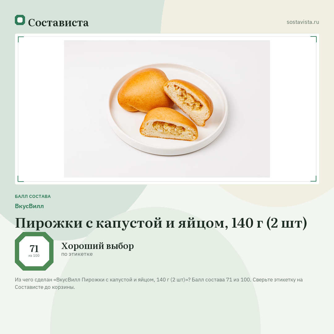ВкусВилл Пирожки с капустой и яйцом, 140 г (2 шт): балл состава 71 из 100 — Состависта