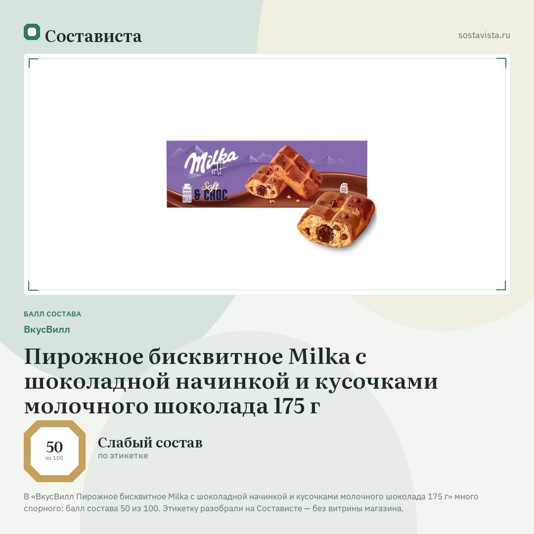 ВкусВилл Пирожное бисквитное Milka с шоколадной начинкой и кусочками молочного шоколада 175 г: балл состава 50 из 100 — Состависта