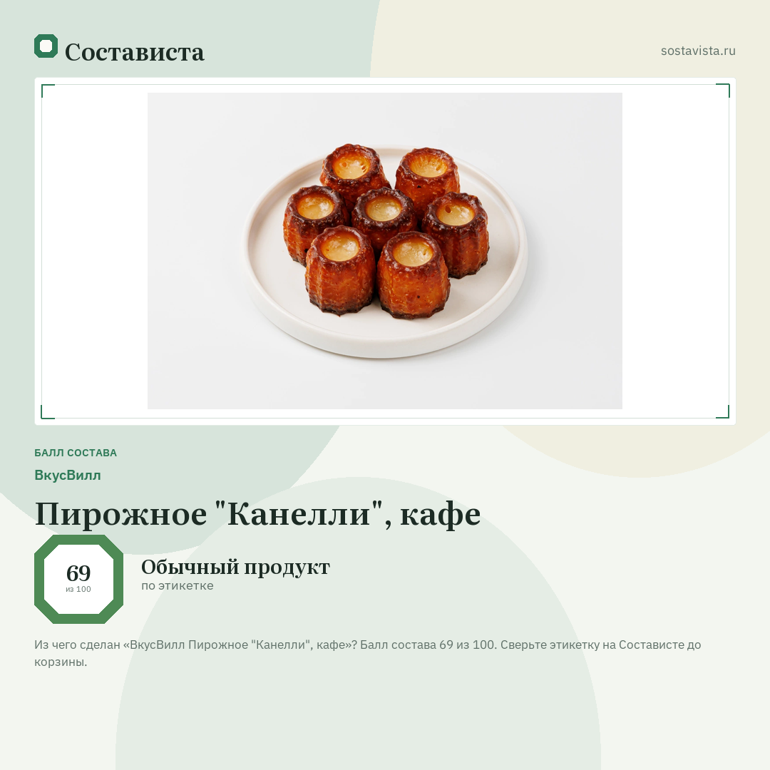 ВкусВилл Пирожное "Канелли", кафе: балл состава 69 из 100 — Состависта
