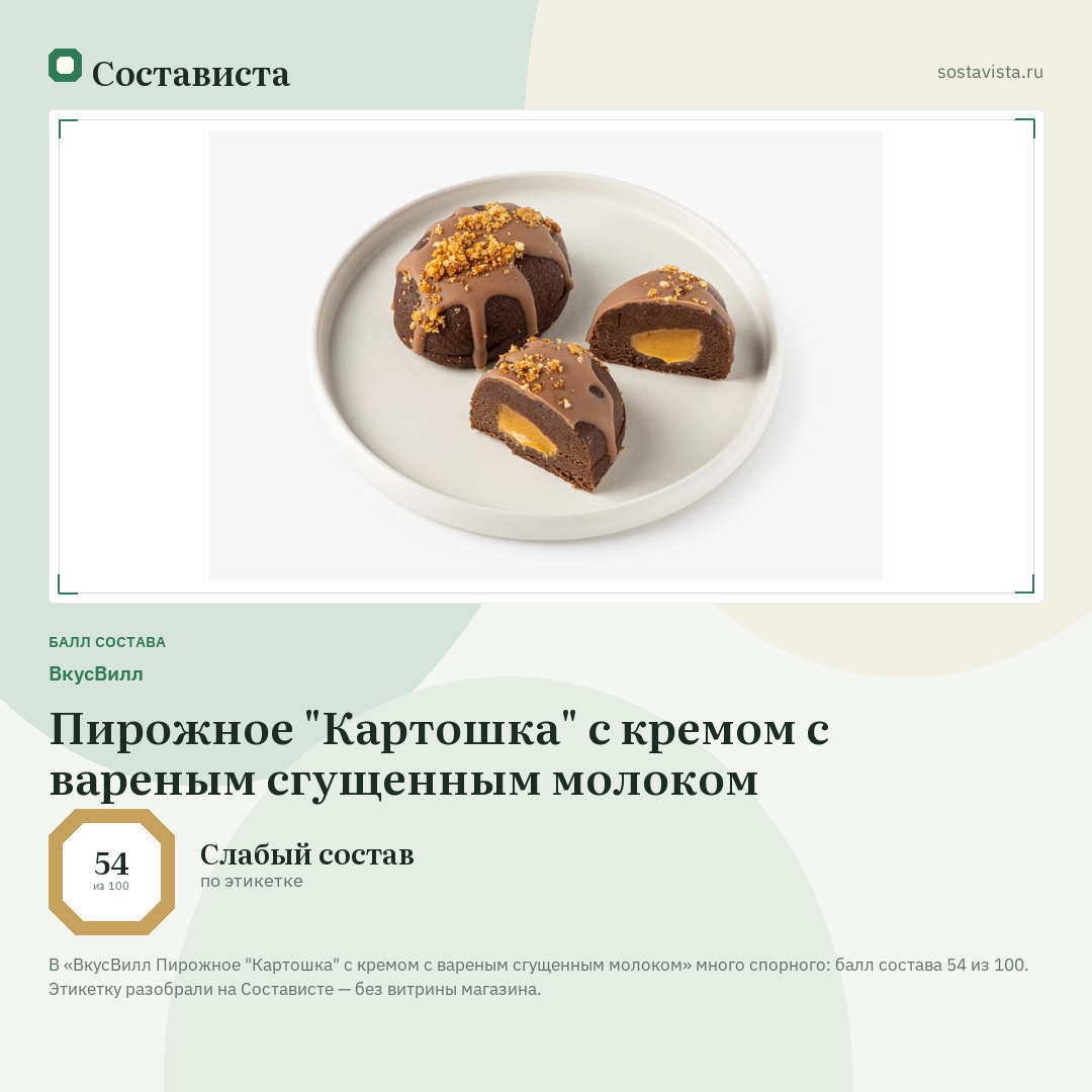 ВкусВилл Пирожное "Картошка" с кремом с вареным сгущенным молоком: балл состава 54 из 100 — Состависта