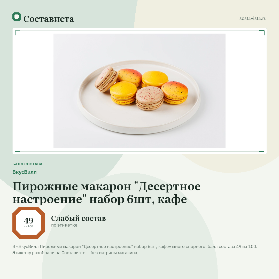 ВкусВилл Пирожные макарон "Десертное настроение" набор 6шт, кафе: балл состава 49 из 100 — Состависта