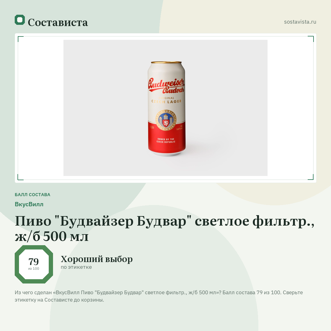 ВкусВилл Пиво "Будвайзер Будвар" светлое фильтр., ж/б 500 мл: балл состава 79 из 100 — Состависта