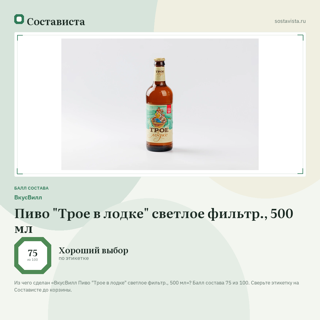 ВкусВилл Пиво "Трое в лодке" светлое фильтр., 500 мл: балл состава 75 из 100 — Состависта