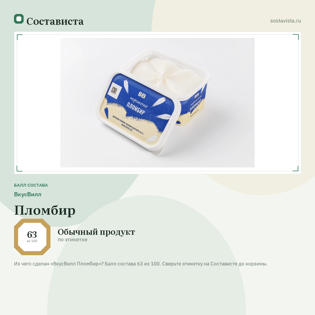 ВкусВилл Пломбир: балл состава 63 из 100 — Состависта