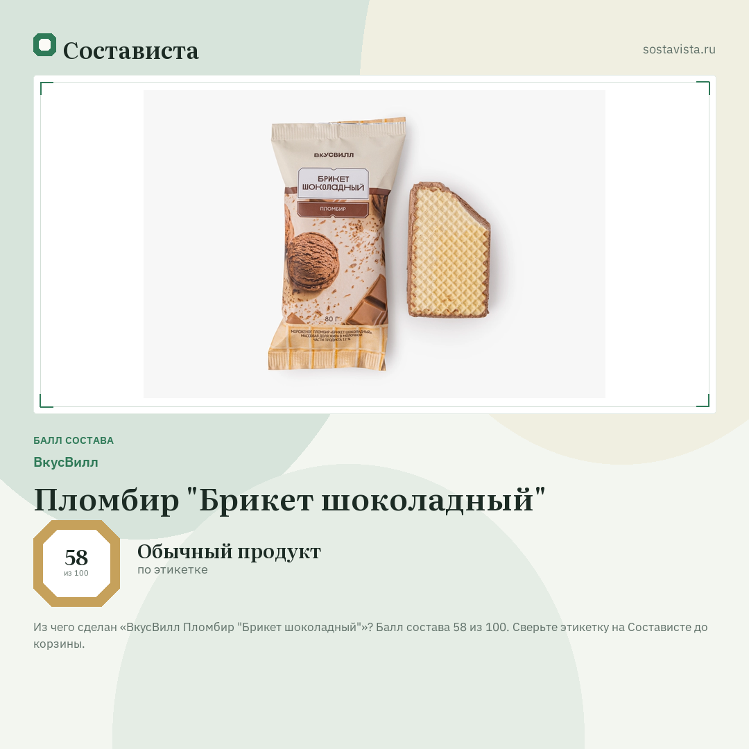 ВкусВилл Пломбир "Брикет шоколадный": балл состава 58 из 100 — Состависта