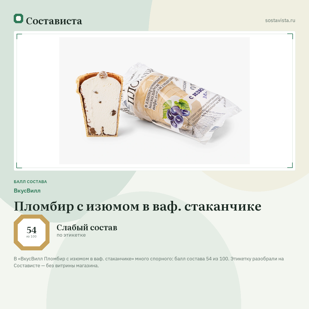 ВкусВилл Пломбир с изюмом в ваф. стаканчике: балл состава 54 из 100 — Состависта