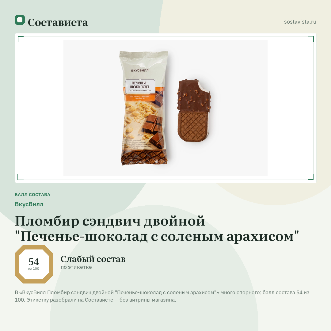 ВкусВилл Пломбир сэндвич двойной "Печенье-шоколад с соленым арахисом": балл состава 54 из 100 — Состависта