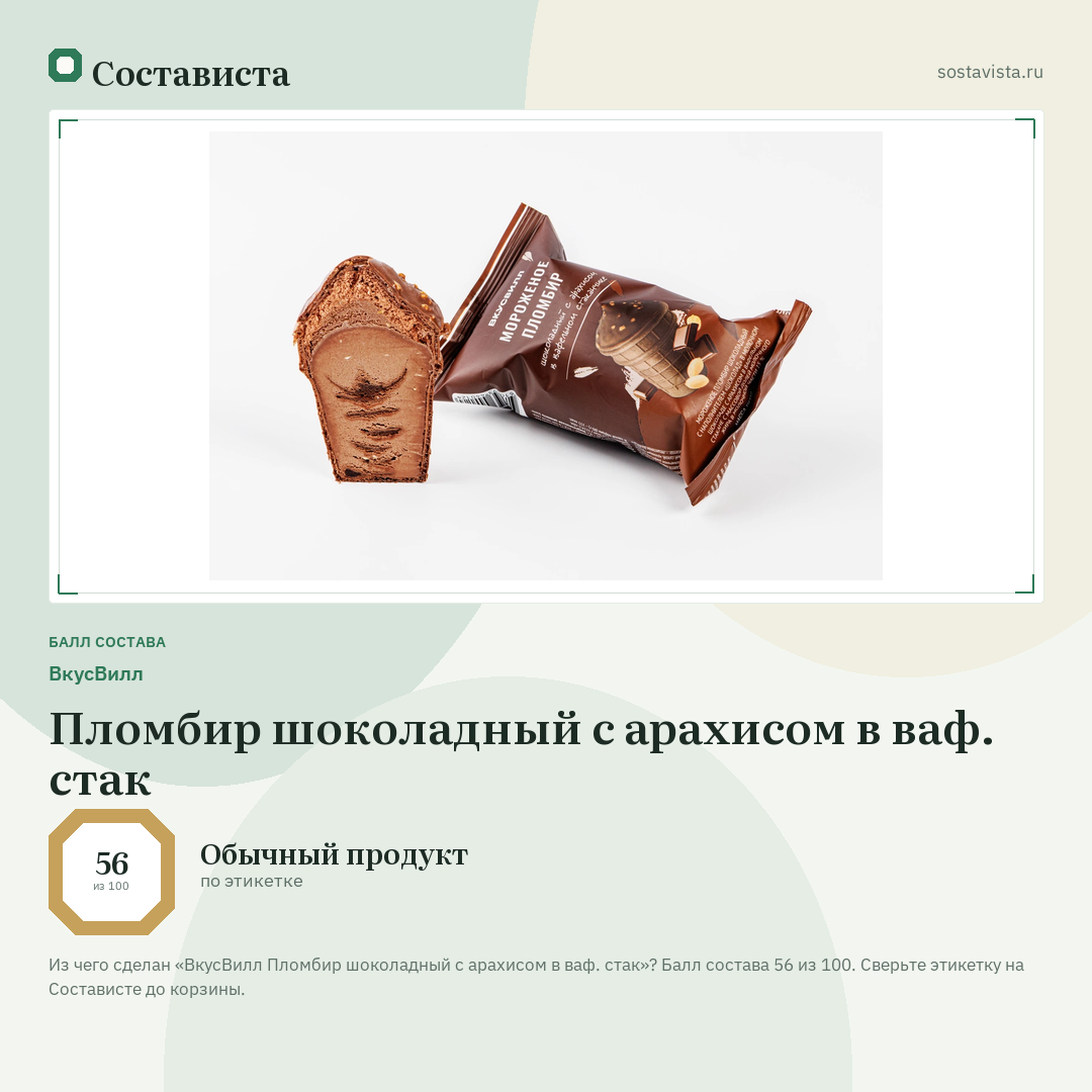 ВкусВилл Пломбир шоколадный с арахисом в ваф. стак: балл состава 56 из 100 — Состависта