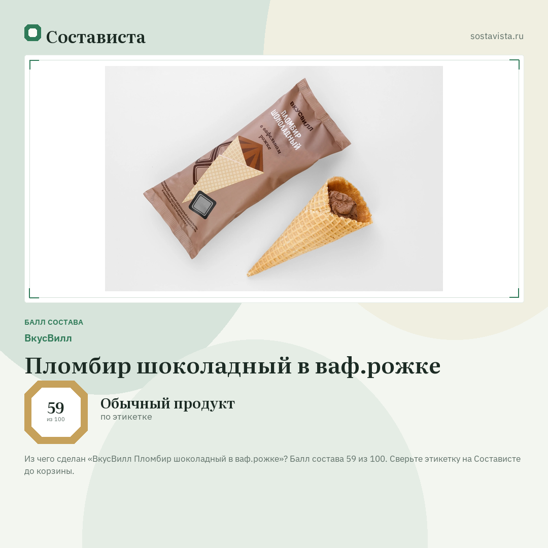 ВкусВилл Пломбир шоколадный в ваф.рожке: балл состава 59 из 100 — Состависта