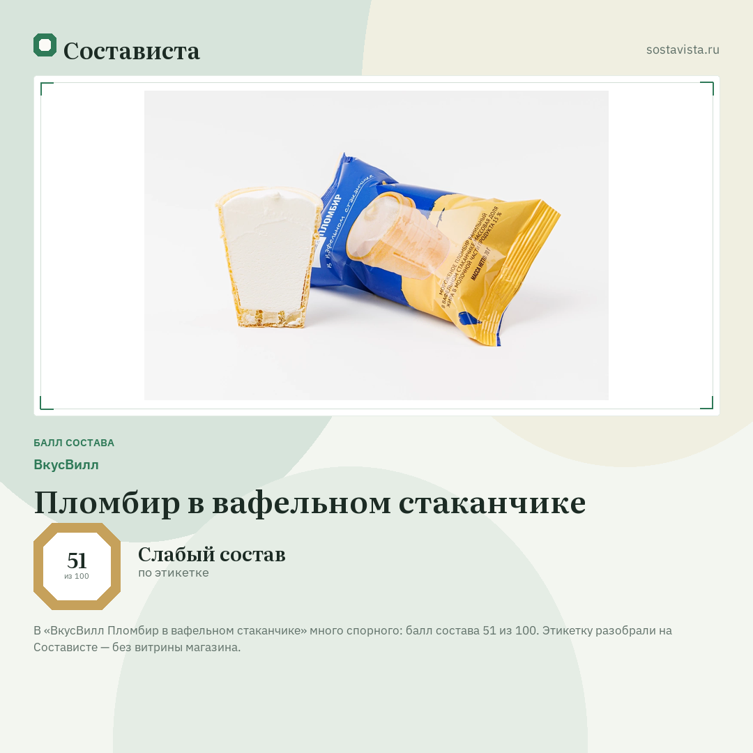 ВкусВилл Пломбир в вафельном стаканчике: балл состава 51 из 100 — Состависта