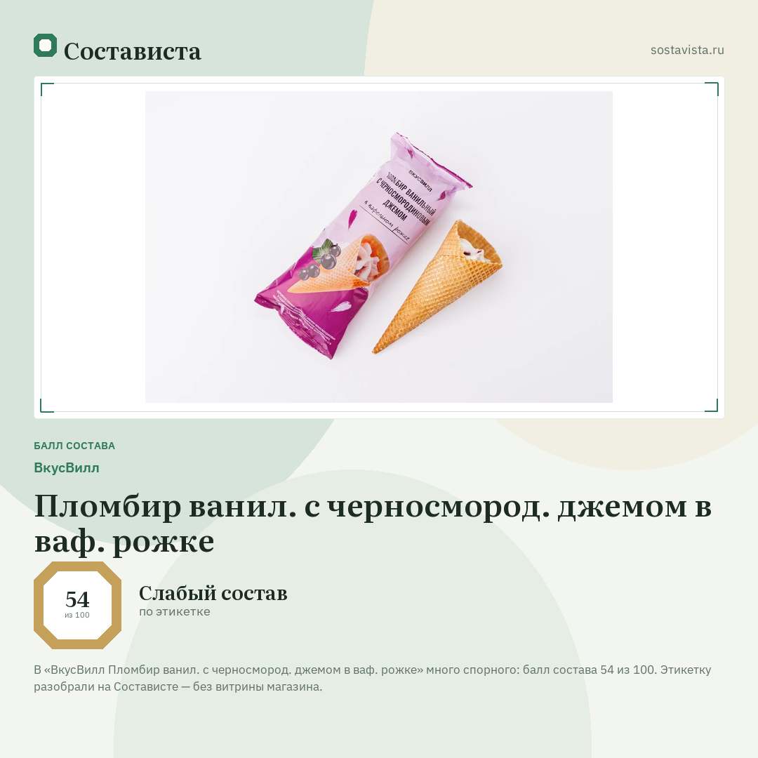ВкусВилл Пломбир ванил. с черносмород. джемом в ваф. рожке: балл состава 54 из 100 — Состависта