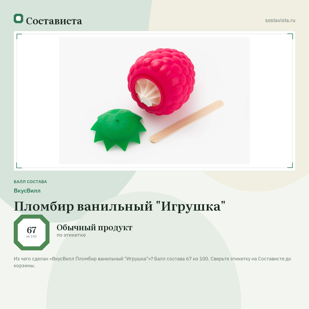 ВкусВилл Пломбир ванильный "Игрушка": балл состава 67 из 100 — Состависта