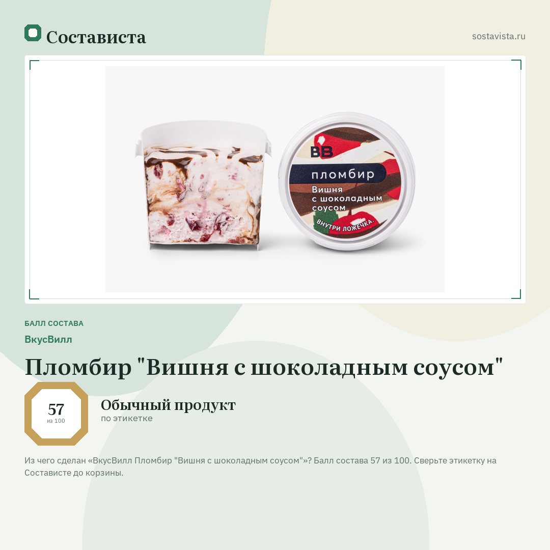 ВкусВилл Пломбир "Вишня с шоколадным соусом": балл состава 57 из 100 — Состависта