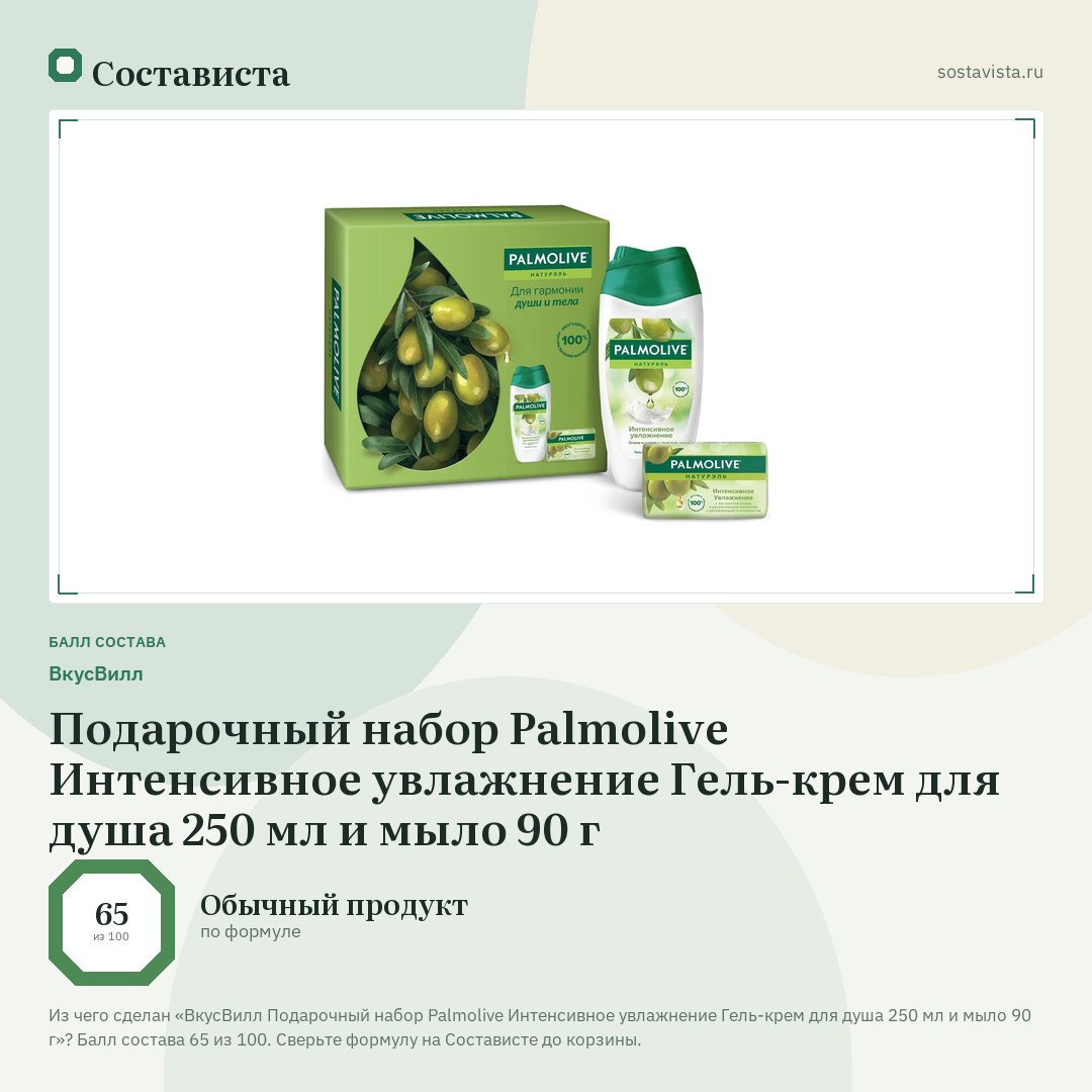 ВкусВилл Подарочный набор Palmolive Интенсивное увлажнение Гель-крем для душа 250 мл и мыло 90 г: балл состава 65 из 100 — Состависта