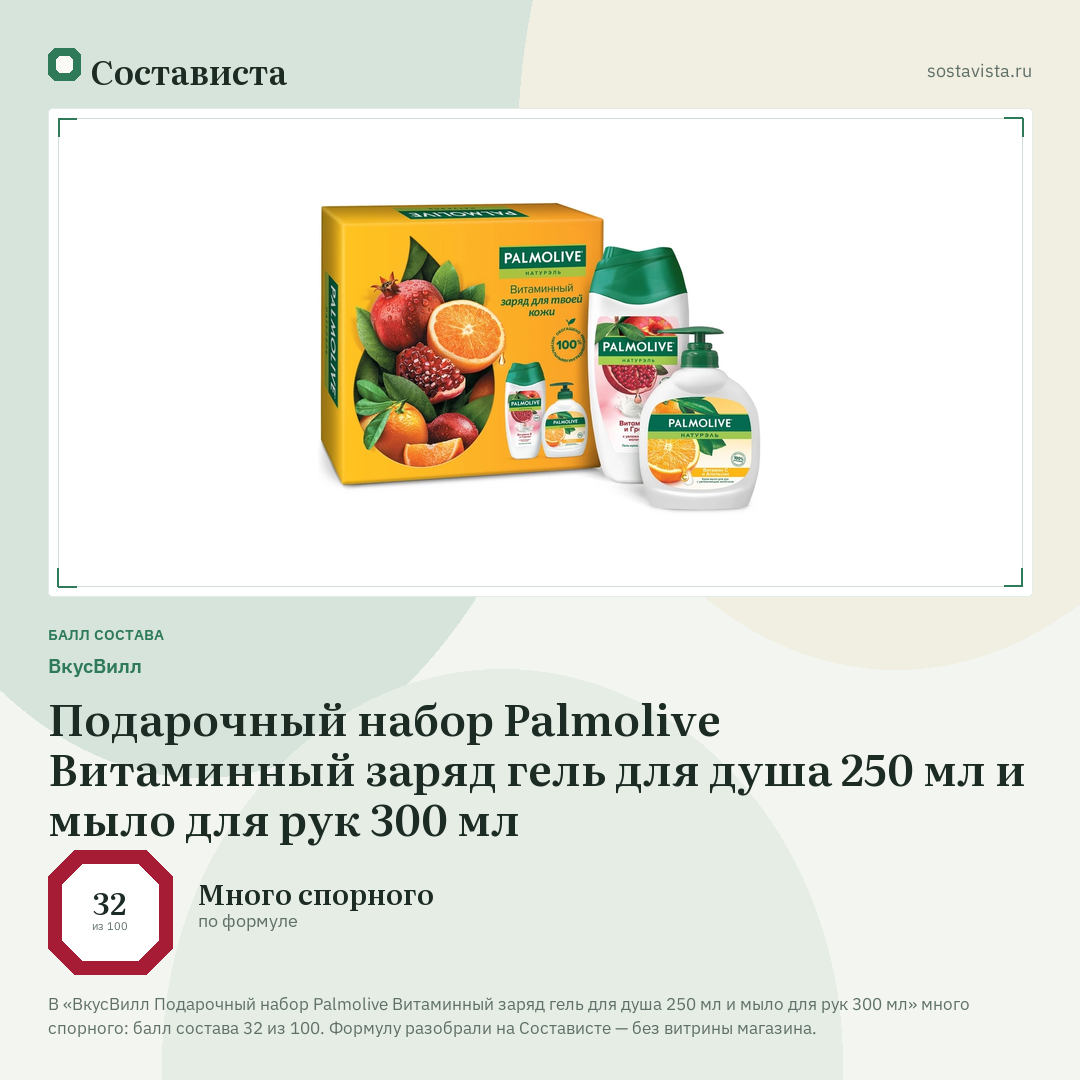 ВкусВилл Подарочный набор Palmolive Витаминный заряд гель для душа 250 мл и мыло для рук 300 мл: балл состава 32 из 100 — Состависта
