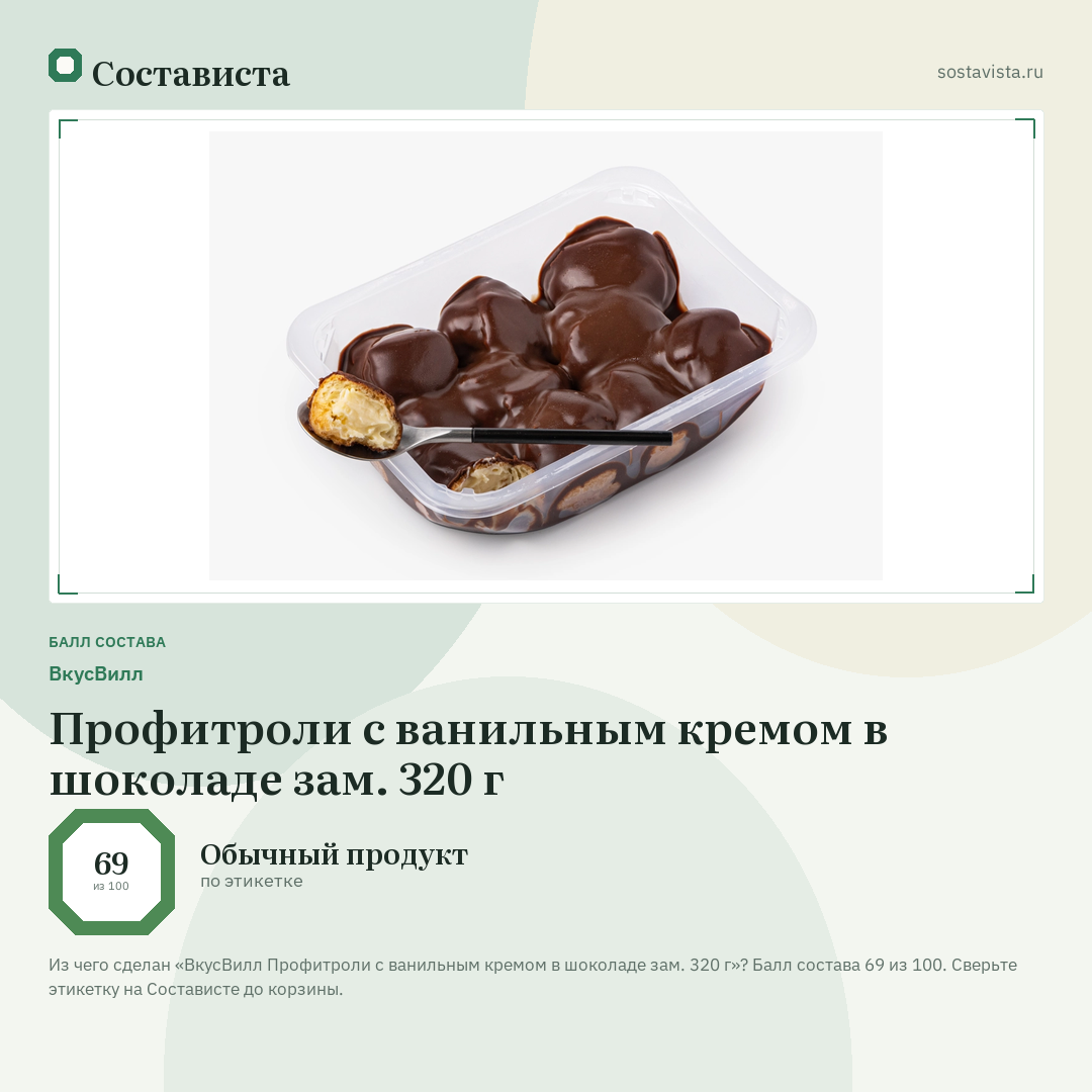ВкусВилл Профитроли с ванильным кремом в шоколаде зам. 320 г: балл состава 69 из 100 — Состависта
