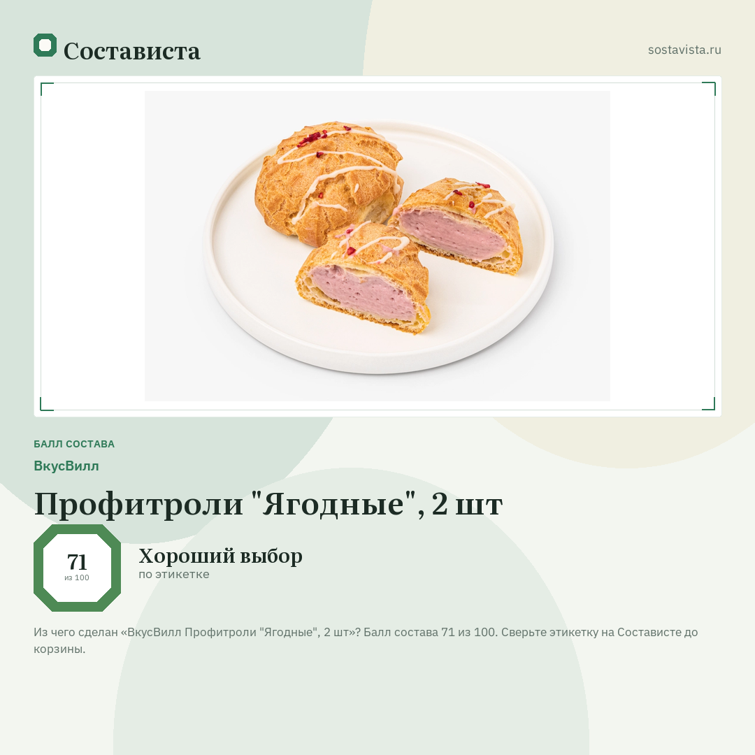 ВкусВилл Профитроли "Ягодные", 2 шт: балл состава 71 из 100 — Состависта