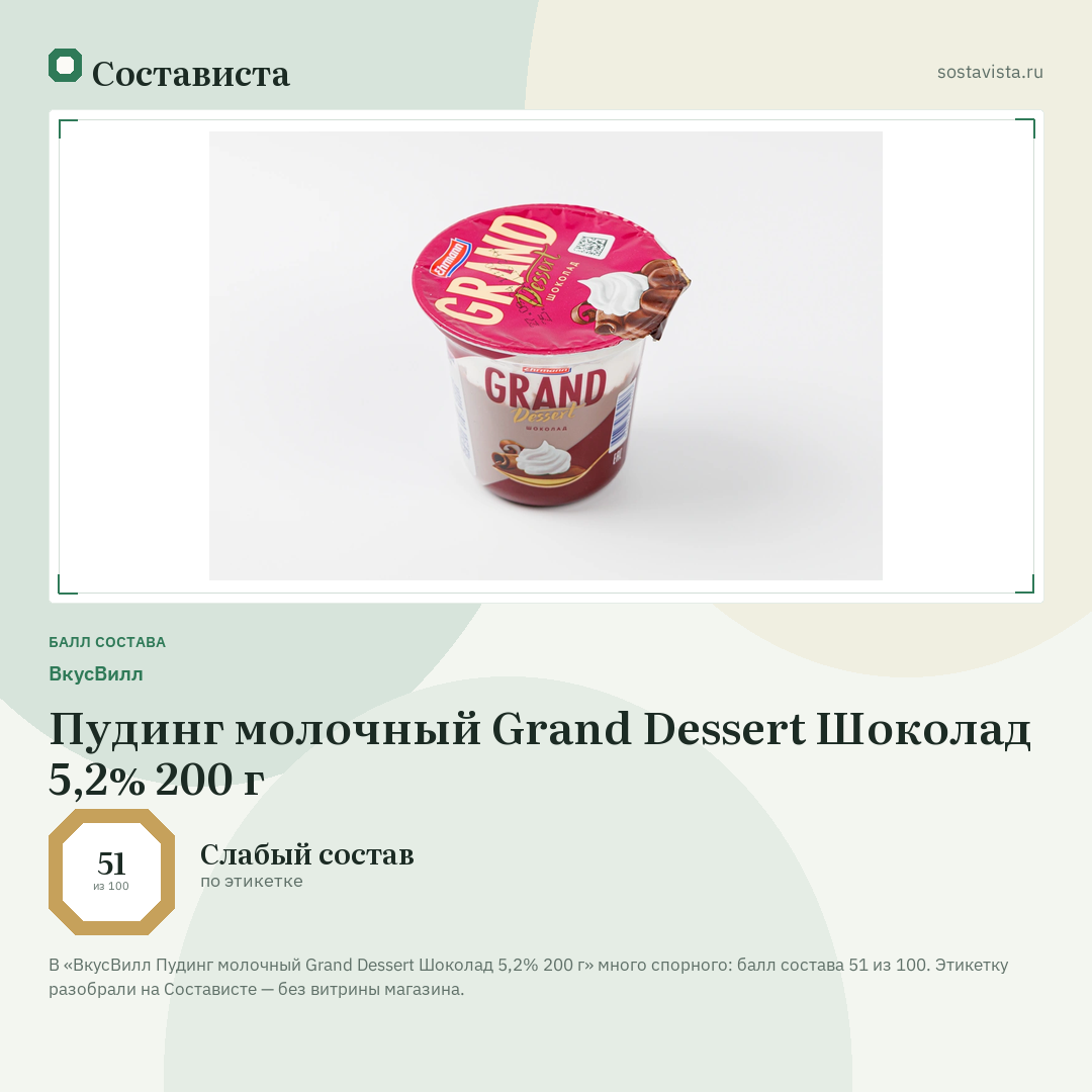 ВкусВилл Пудинг молочный Grand Dessert Шоколад 5,2% 200 г: балл состава 51 из 100 — Состависта