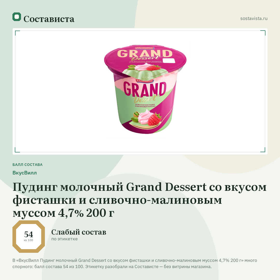 ВкусВилл Пудинг молочный Grand Dessert со вкусом фисташки и сливочно-малиновым муссом 4,7% 200 г: балл состава 54 из 100 — Состависта