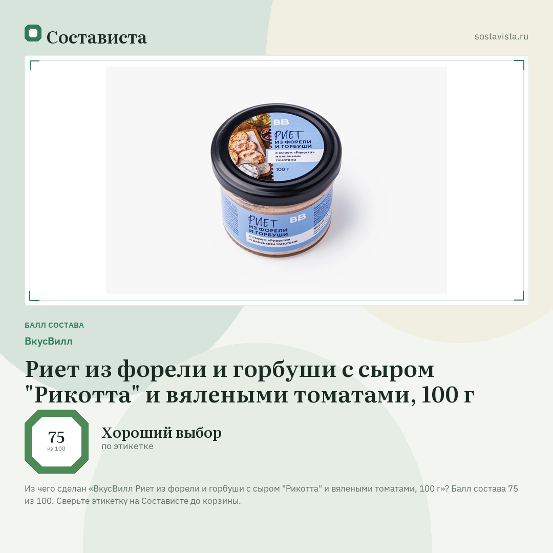 ВкусВилл Риет из форели и горбуши с сыром "Рикотта" и вялеными томатами, 100 г: балл состава 75 из 100 — Состависта