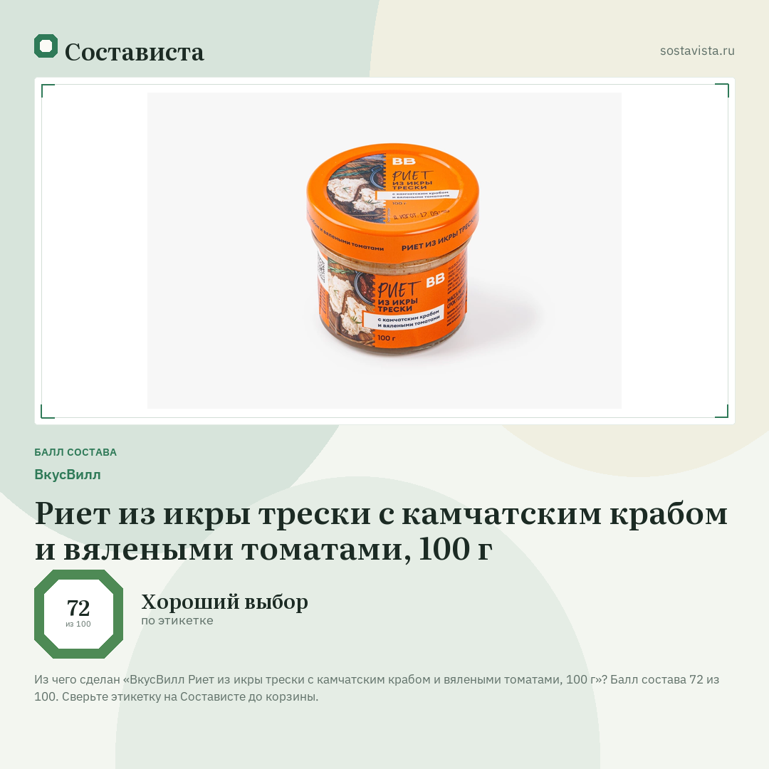 ВкусВилл Риет из икры трески с камчатским крабом и вялеными томатами, 100 г: балл состава 72 из 100 — Состависта